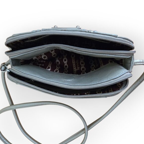 Tignanello Metallic Gray Pebbled Leather 3 Compartment Crossbody Bag - Picture 7 of 8